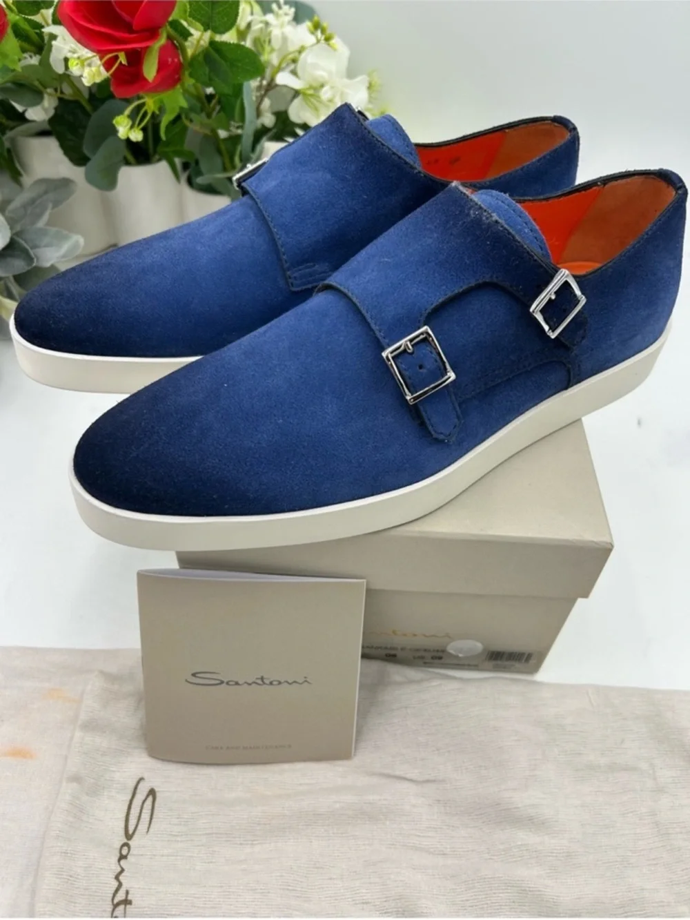 Men’s SANTONI blue suede Atlantis double monk strap shoes size 9 US made Italy
